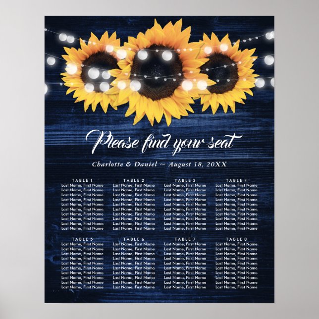 Marineblå Trä Solros Bröllops Sittplatskarta 8 Poster (Framsidan)