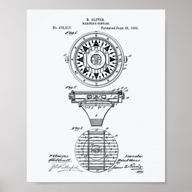 Mariners Compass 1892 Patent Art White Papper Poster (Framsidan)