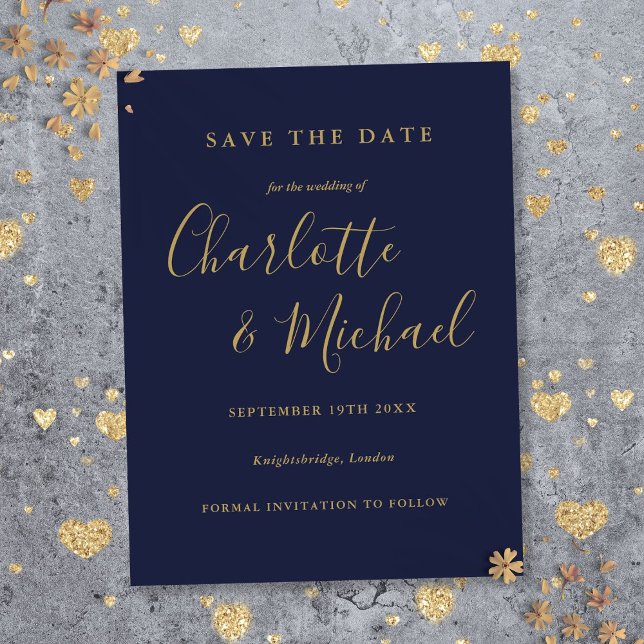 Marint blå guld bröllop Bevara datum-kort Vykort (Script Navy Blue Gold Wedding Save the Date Postcard)
