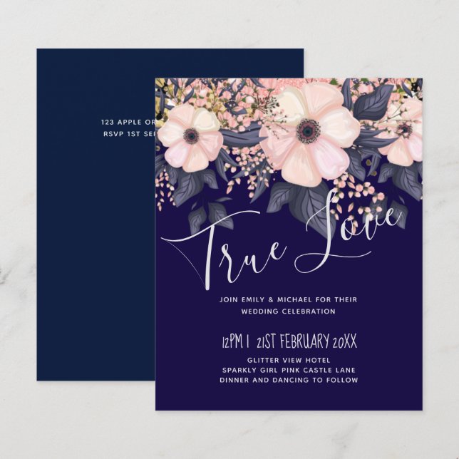 Marint blå rosa modern bröllopsbudget (Fram/baksida)