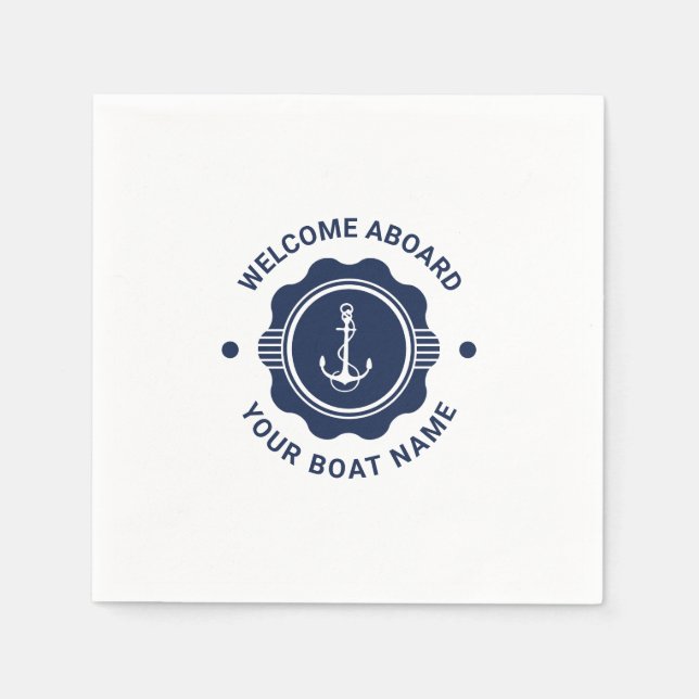 Marint blått och vitt nautiskt båthjul och ankare pappersservett (Framsidan)