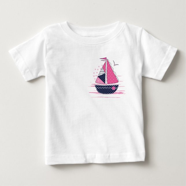 Marint tema flickigt segelbåt rosa prickigt segel t shirt (Framsida)