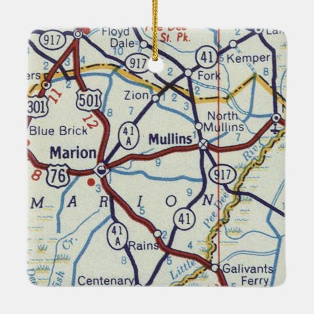 Marion och Mullins SC Vintage Karta Julgransprydnad Keramik (Baksida)