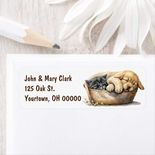 marionett och kattunge i Basket Returadress Etikett (Insitu)
