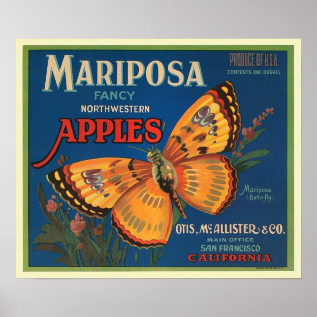 Mariposa Apples Fruit Låda etikett Poster (Framsidan)