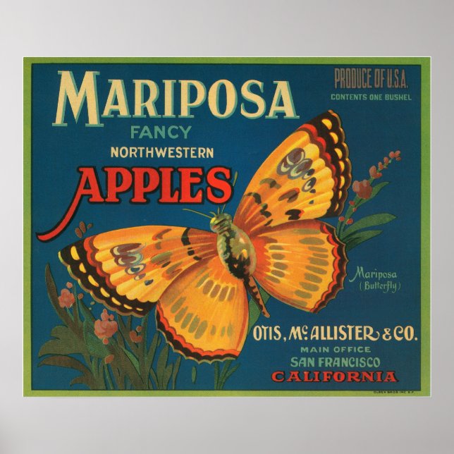 Mariposa Finare Northwest Apples Låda etikett Poster (Framsidan)