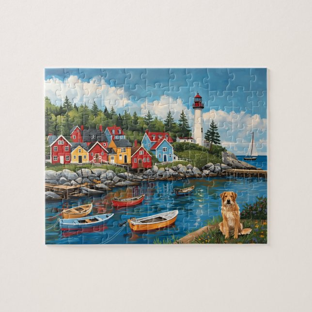 Maritim by fyr & Golden Retriever Pussel (Horisontell)