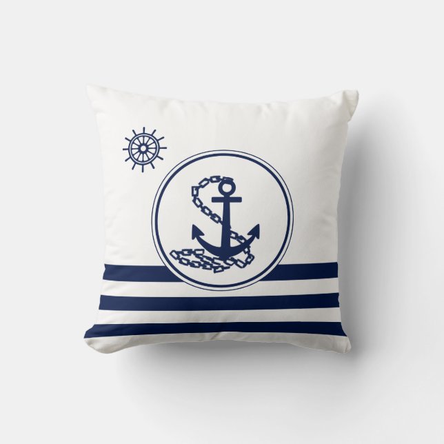 Maritim vit och blå, Ankar och Ratt Kudde (Framsida)