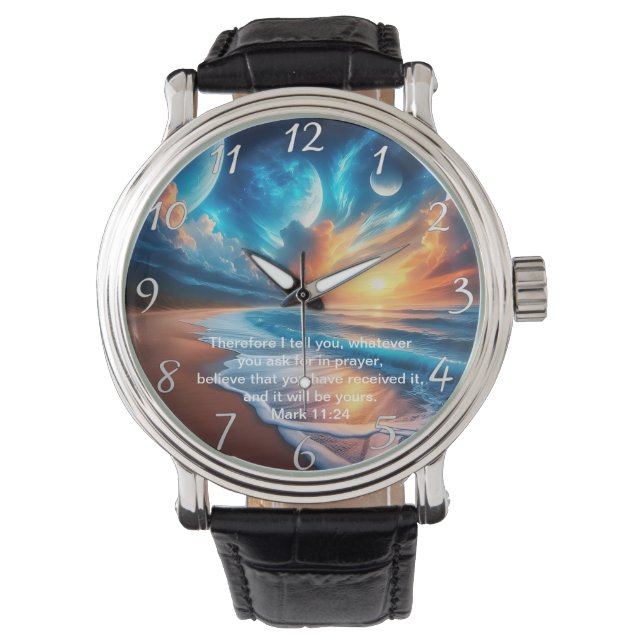 Mark 11:24 Cross Sunset Ocean Calm Armbandsur (Framsida)