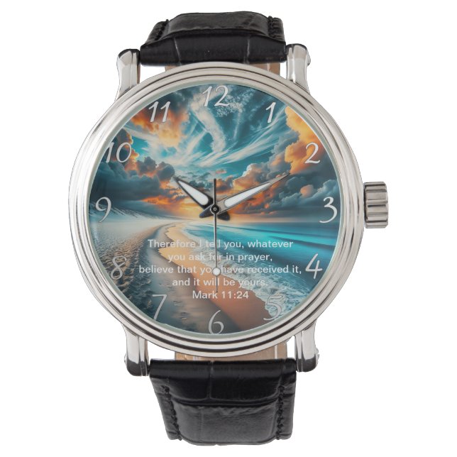 Mark 11:24 Cross Sunset Ocean Faith Armbandsur (Framsida)