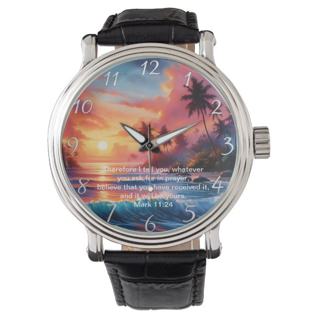 Mark 11:24 Inspiring Cross Sunset Ocean Armbandsur (Framsida)