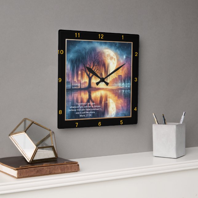 Mark 11:24 Prayer Clock Anpassningsbar Tro Persona Fyrkantig Klocka (Kontor)