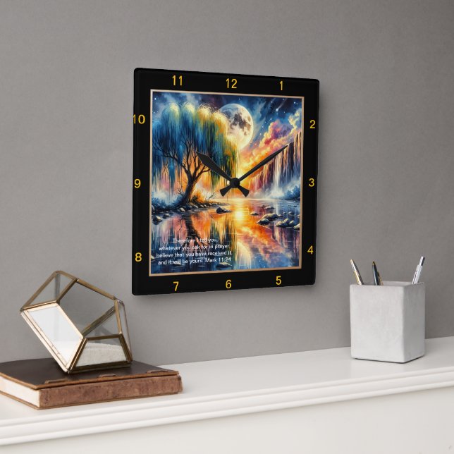 Mark 11:24 Scripture-tidsstycke: Anpassningsbar Fa Fyrkantig Klocka (Kontor)