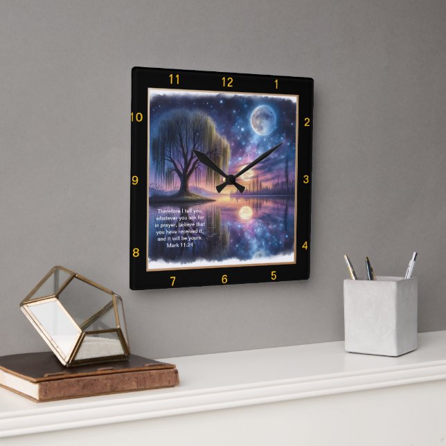 Mark 11:24 Tro Clock: Personlig Andlig Fyrkantig Klocka (Kontor)
