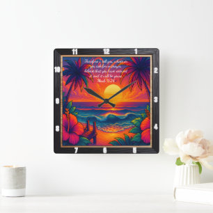 Mark 11:24 Tropical Sunset Prayer Verse Fyrkantig Klocka