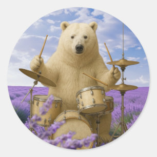 Märk: Bear Play Drumme med Blommigt Design Runt Klistermärke
