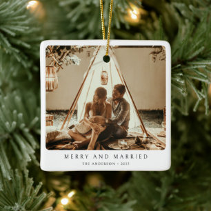 Märk och gift, minimalistiskt par foto julgransprydnad keramik