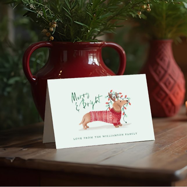 Märk och ljus | Dachshund Hund Julsötare Helgkort (Merry & Bright | Dachshund Dog Christmas Sweater Holiday Card)