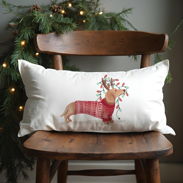 Märk och ljus | Dachshund Hund Julsötare Lumbarkudde (Merry & Bright | Dachshund Dog Christmas Sweater Lumbar Pillow)
