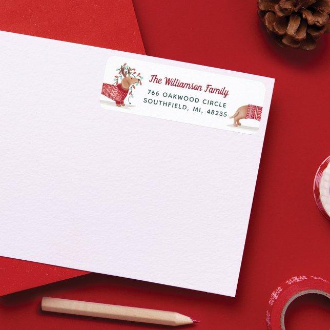 Märk och ljus | Dachshund Hund Julsötare Returadress Etikett (Merry & Bright | Dachshund Dog Christmas Sweater Label)