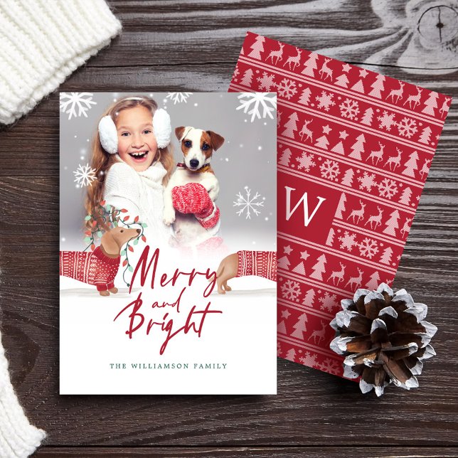 Märk och ljus | Dachshund jul Sweater Photo Julkort (Merry & Bright | Dachshund Christmas Sweater Photo Holiday Card)