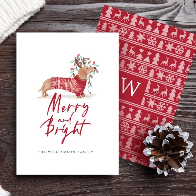 Märk och ljus | Dachshund Julsötare Julkort (Merry & Bright | Dachshund Christmas Sweater Holiday Card)