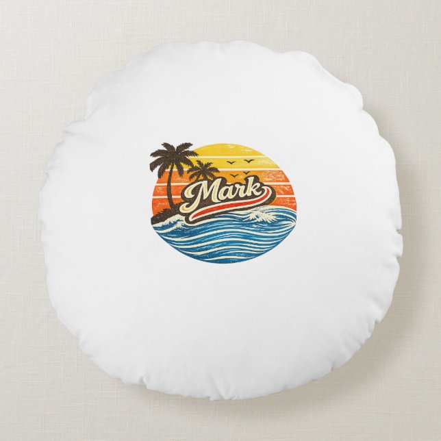 Mark Retro Solnedgång Namn Design Rund Kudde (Framsidan)