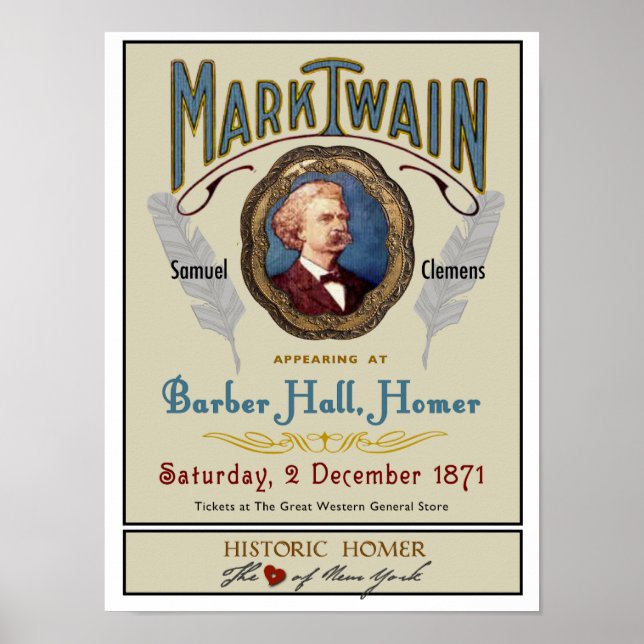 Mark Twain på Barber Hall Historic Homer NY Poster (Framsidan)