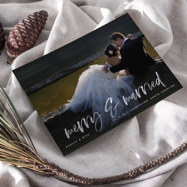 Märk Vitt skript - vykort för foto-Helgdag (Merry & Married! Share Our Christmas Wedding Joy )