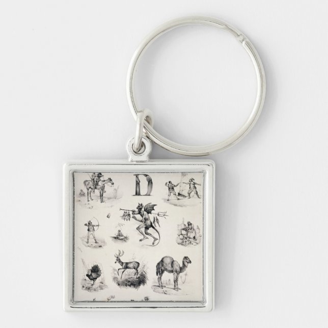 Märka D från en alfabetabc-bok, 1832 Fyrkantig Silverfärgad Nyckelring (Framsidan)