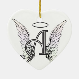 Märka en initial Monogram med ängelvingar & glor Julgransprydnad Keramik