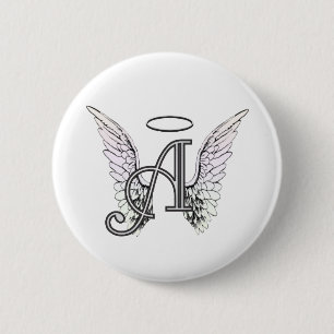 Märka en initial Monogram med ängelvingar & glor Knapp