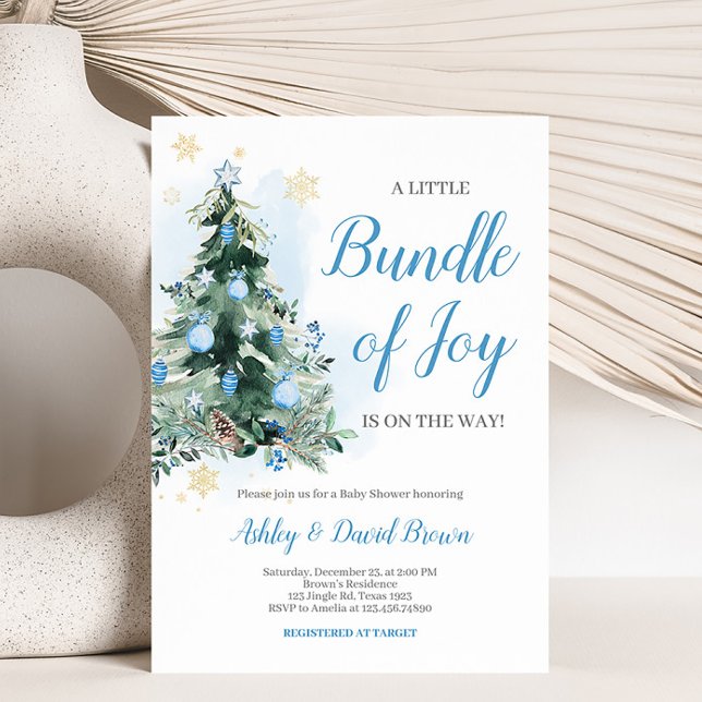 Märka lilla paket med Joy Baby Shower Inbjudningar (Blue Christmas Tree Baby Shower Invitation)