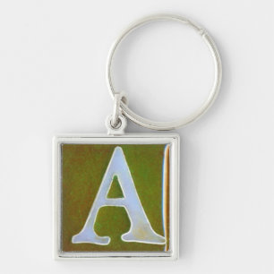märka med sina initialer a-keychain, opalescent fyrkantig silverfärgad nyckelring