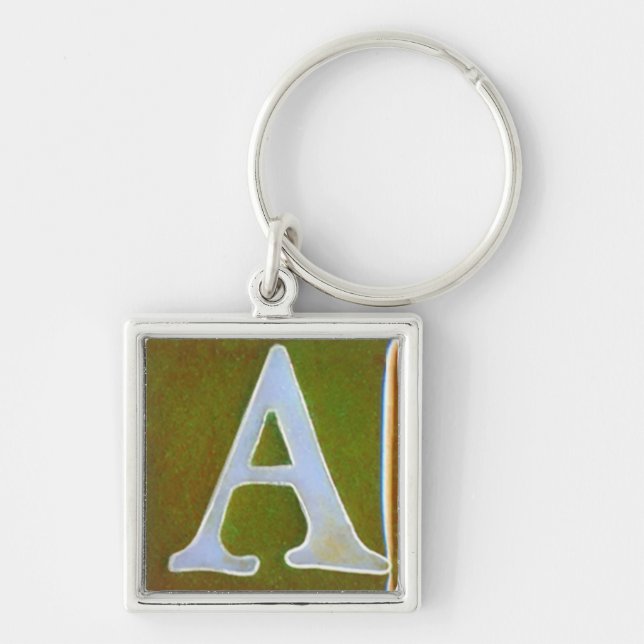 märka med sina initialer a-keychain, opalescent fyrkantig silverfärgad nyckelring (Framsidan)