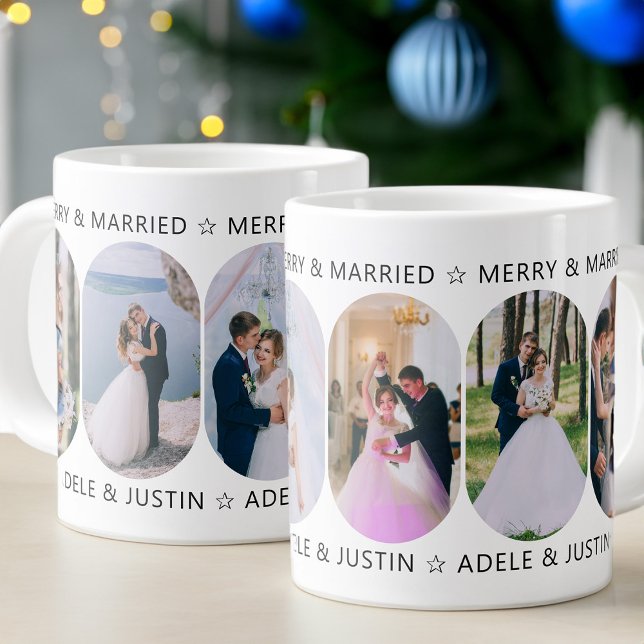 Märka och gifta 6 fotorundade Lozenge-former Jumbo Mugg (Giant photo mug for Merry & Married couples and newlyweds - Rounded Lozenge Photo Collage collection)