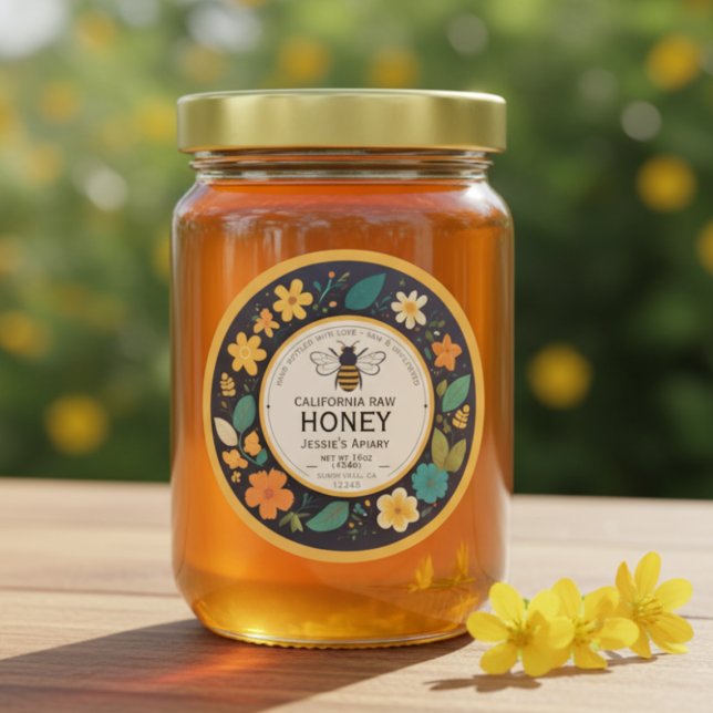 Märke för bihonung Burk - Mörkens moderna Blommigt (Personalized Customized Honey Label Homemade Beekeeping Jar Hunny Labels)