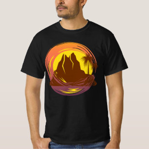 Märke med tropisk vulkanlandskap och palmer t shirt