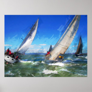 Marker Sketch av Tävla Sailboat i Rough Seas Poster