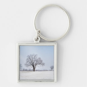 Markerad Winter Oak Träd Fyrkantig Silverfärgad Nyckelring