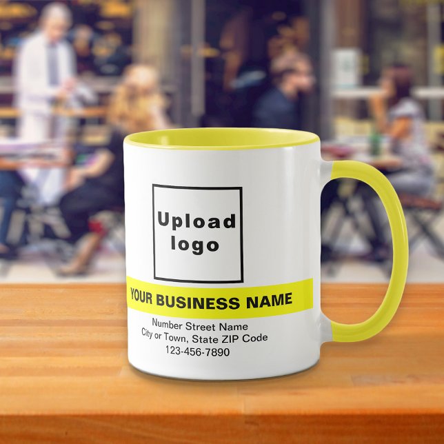 Markerat Business Namn på Gult Combo Mugg (Your business name with highlight, logo, address and phone number on yellow combo mug.)