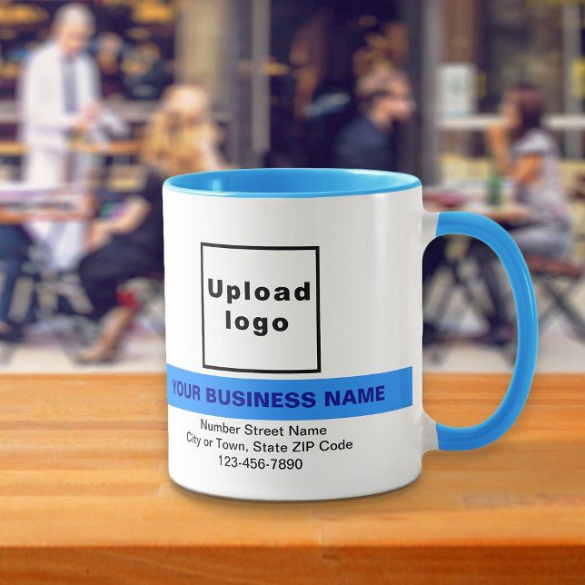 Markerat Business Namn på Light Blue Combo Mugg (Your business name with highlight, logo, address and phone number on light blue combo mug.)