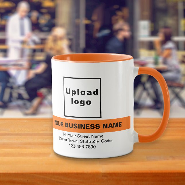 Markerat Business Namn på Orange Färg Combo Mugg (Your business name with highlight, logo, address and phone number on orange combo color mug.)