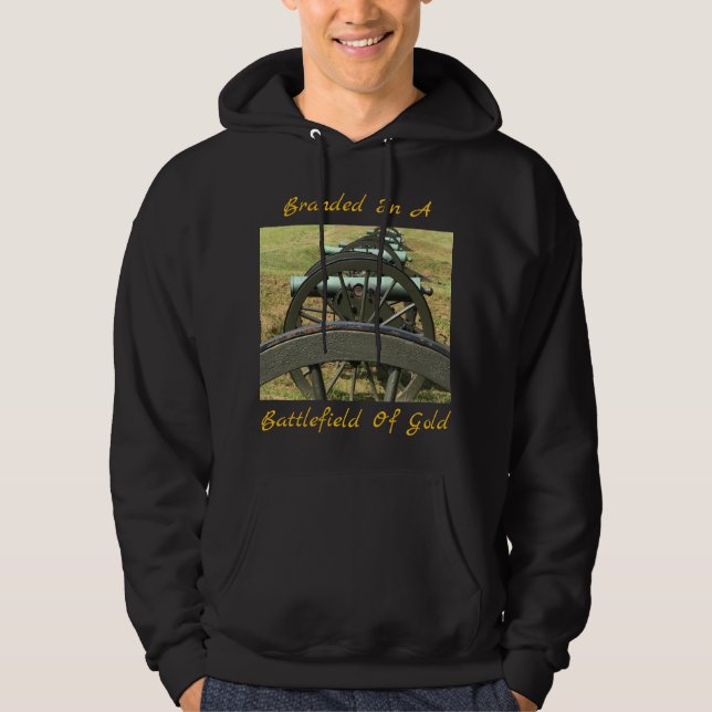 Märkesvaror I En Svart Guldstrid Hoodie För Män (Framsida)