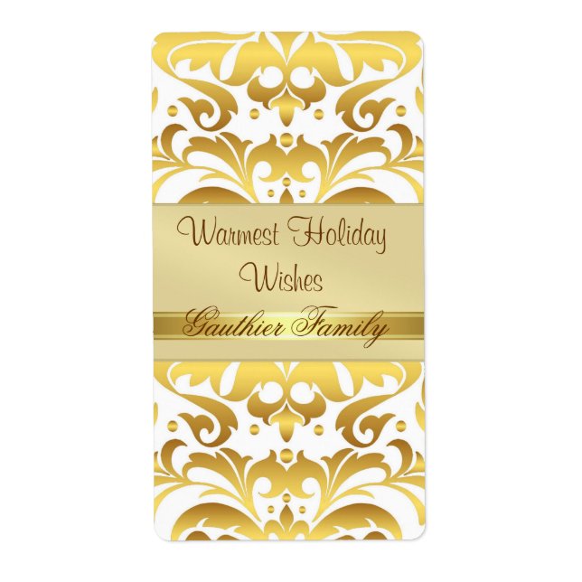 Märket guld Metall Damask White Helgdag Vin Fraktsedel (Framsidan)