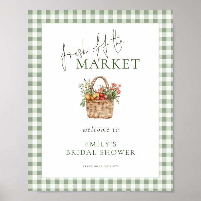 Market Sage Gingham Välkommen Bröllopsdusch Poster (Framsidan)