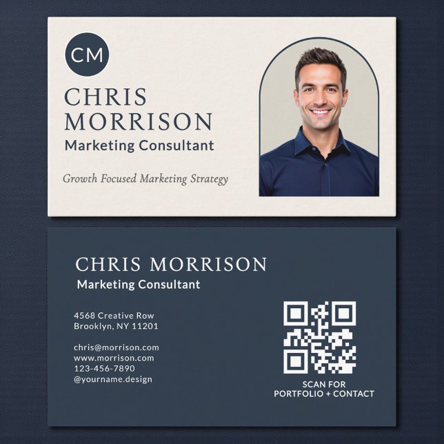 Marketing Consultant Photo QR Code Navy Blue Visitkort (Skapare uppladdad)