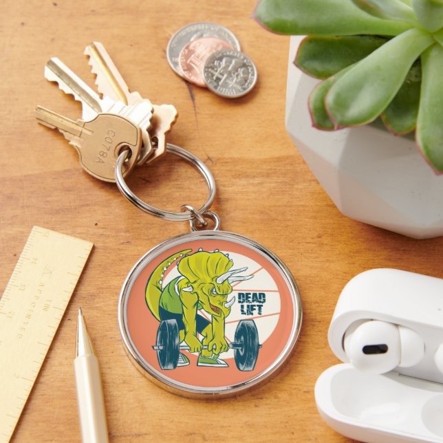 Marklyftande dinosaurie - Triceratops tyngdlyftnin Rund Silverfärgad Nyckelring (Skrivbord)