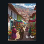 Marknaden i La Paz Bolivia Travel Vykort<br><div class="desc">La Paz, Bolivia, är en av världens mest slående och unika städer, både för sin dramatiska geografi och sin rik kulturella identitet. I en djup kanjon som omges av bergen i Anderna ligger den på en höjd av cirka 3 650 meter (11 975 meter) och skapar den världens högsta administrativa...</div>