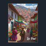 Marknaden i La Paz Bolivia Travel Vykort<br><div class="desc">La Paz, Bolivia, är en av världens mest slående och unika städer, både för sin dramatiska geografi och sin rik kulturella identitet. I en djup kanjon som omges av bergen i Anderna ligger den på en höjd av cirka 3 650 meter (11 975 meter) och skapar den världens högsta administrativa...</div>